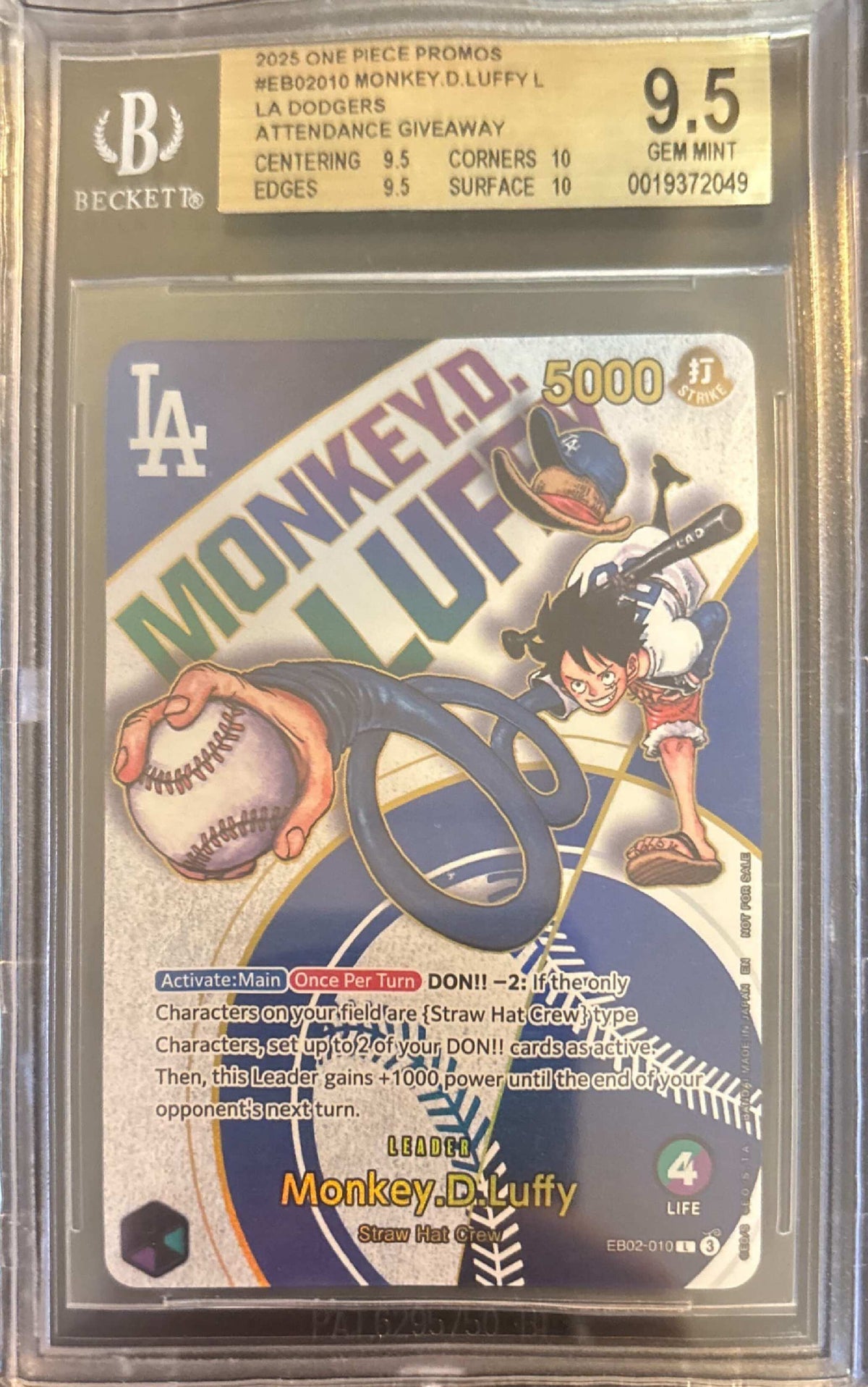 2025 ONE PIECE PROMOS DODGERS X ONE PIECE NIGHT #010 MONKEY D. LUFFY BGS 9.5