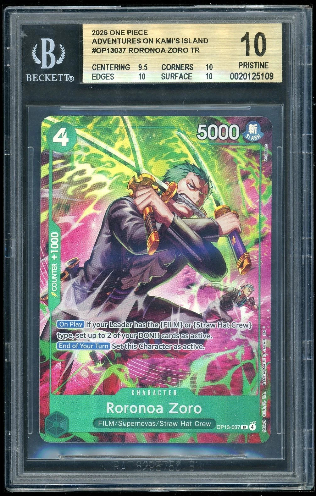2026 One Piece EN OP13-037 Roronoa Zoro Treasure Rare BGS 10 PRISTINE